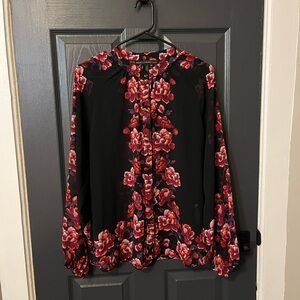 White House Black Market Black and Red Floral Blouse